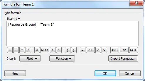 Formula in custom field of MS Project to test resource group