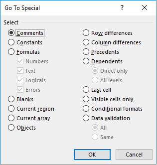 Go To Special dialog window in Excel