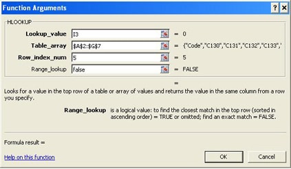 Excel HLOOKUP function arguments window complete