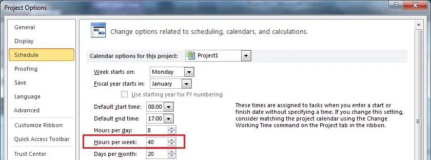 Setting hours per week in the MS Project options