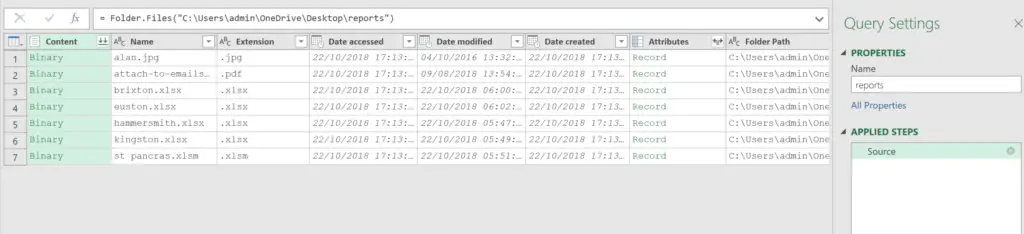 Files to import listed in the Power Query Editor