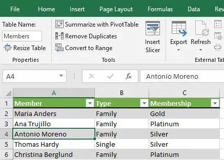 Members table for the second merge query example