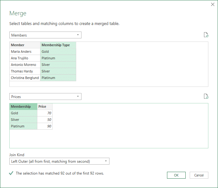 Merge query window in Power Query