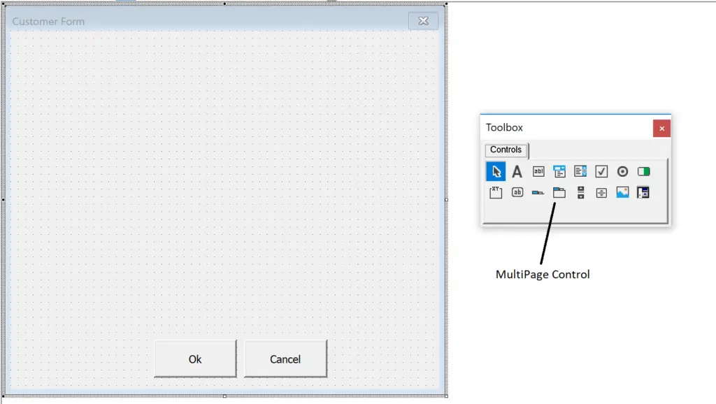 Inserting the MultiPage control from the toolbox