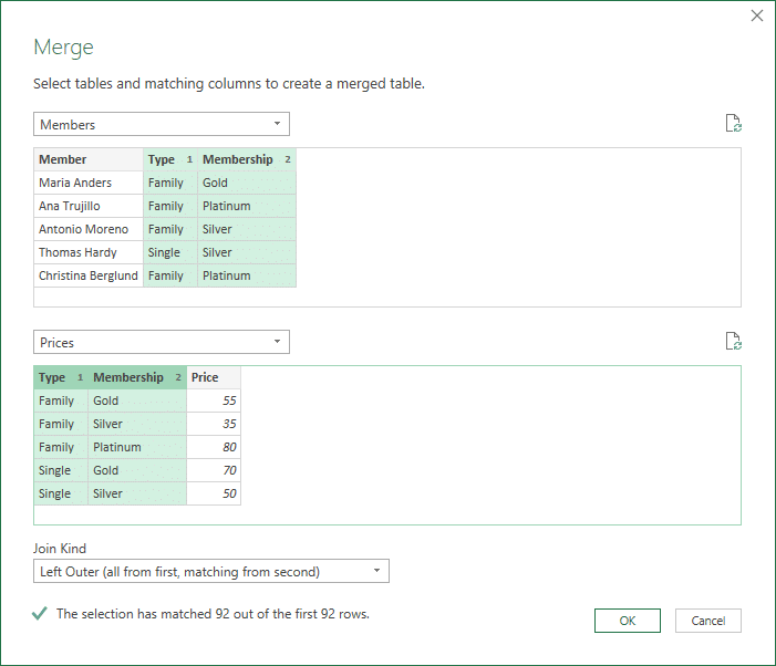 Choosing multiple columns in the Power Query merge queries window