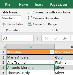 Naming your tables in Excel
