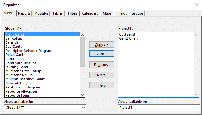 Using the Organizer to copy project templates in MS Project