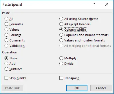 Repeat column widths with Paste Special in Excel
