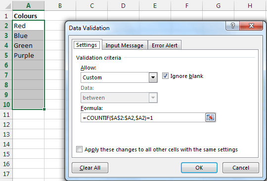 COUNTIF function example to prevent duplicates in a range