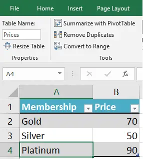 Prices lookup table to be merged with the Members table