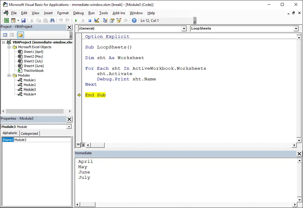 Print information to the Immediate window in Excel VBA