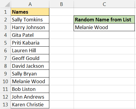 Pick a name at random from a list with an Excel formula