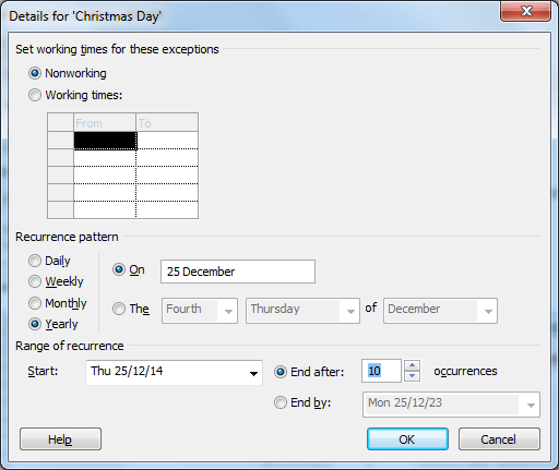 Adding a recurring non-working day