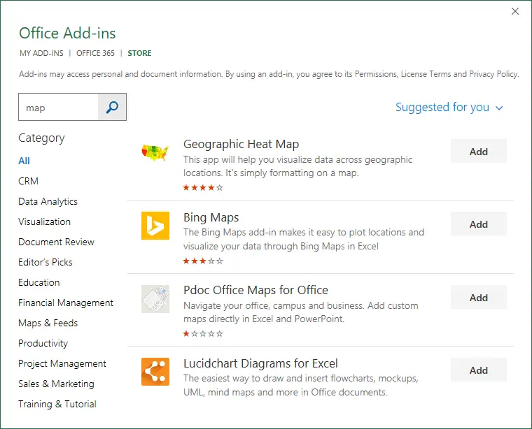 Searching the Office add-ins for the map charts