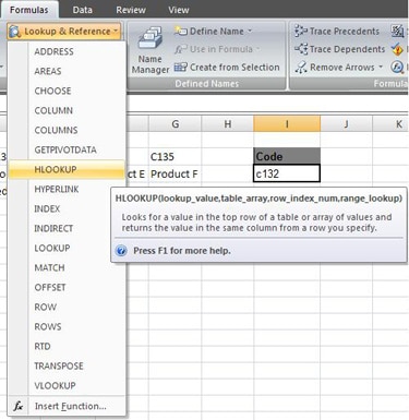 Selecting the HLOOKUP function from the Ribbon