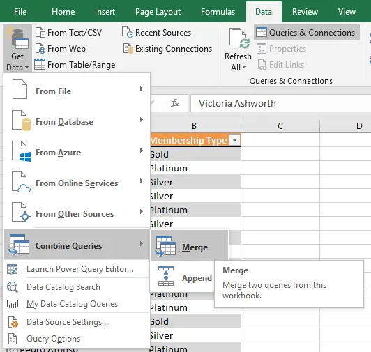 Starting a merge query in Power Query