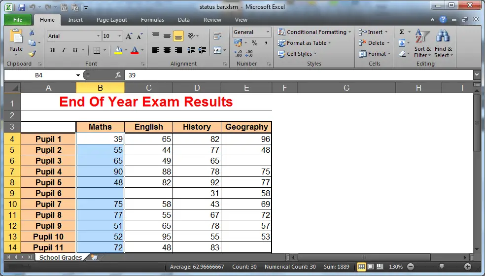 Formulas shown on the Status Bar in Excel