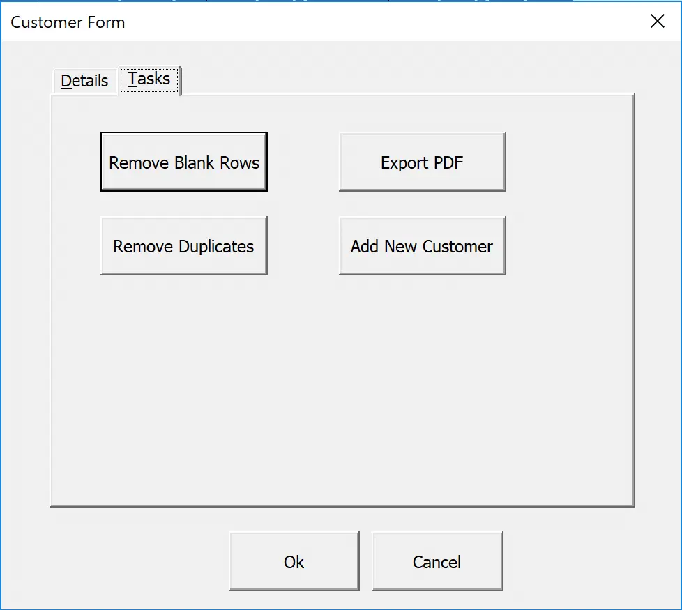 Tasks tab of the Excel VBA MultiPage control