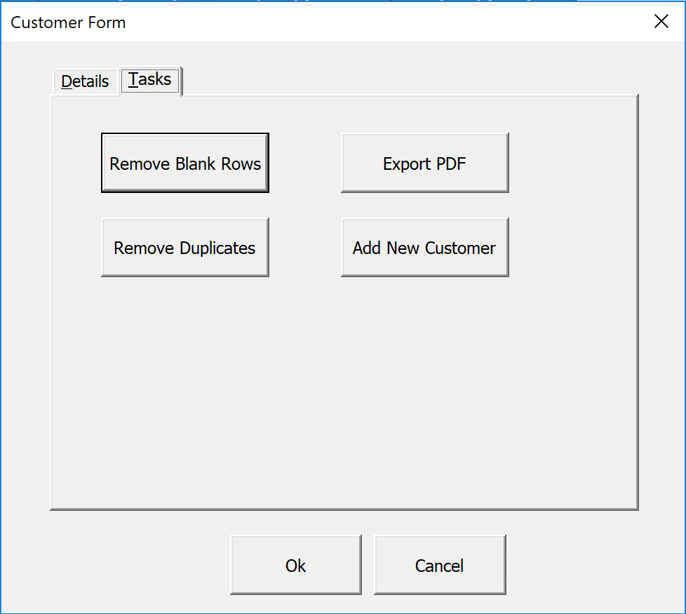 Tasks tab of the Excel VBA MultiPage control