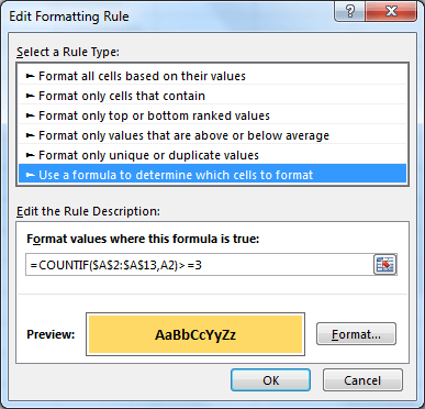 Conditional Formatting rule to highlight duplicate names