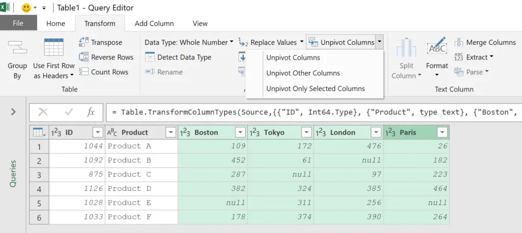Unpivot Columns in Excel Power Query