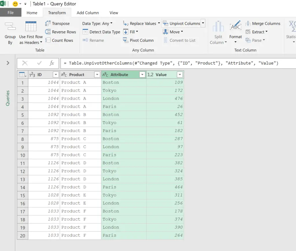 Successfully unpivoted data with Unpivot Columns in Excel Power Query 