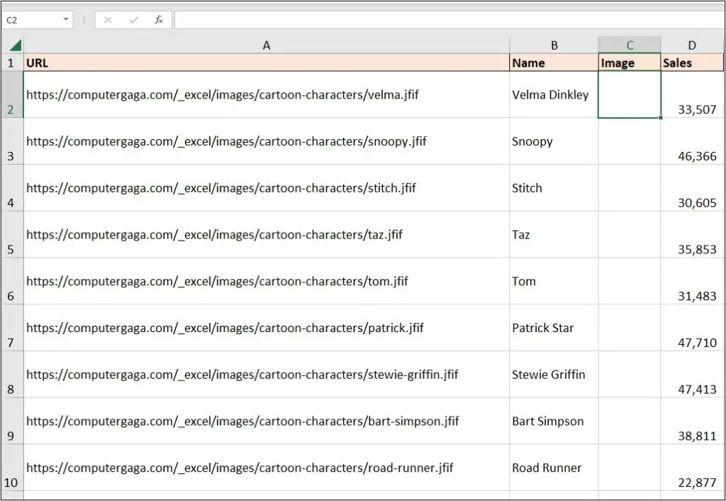 Table containing image url's and column to return the images