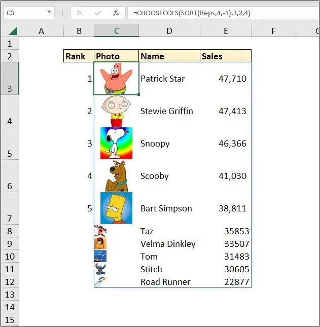 Choosing specific columns of a table with CHOOSECOLS