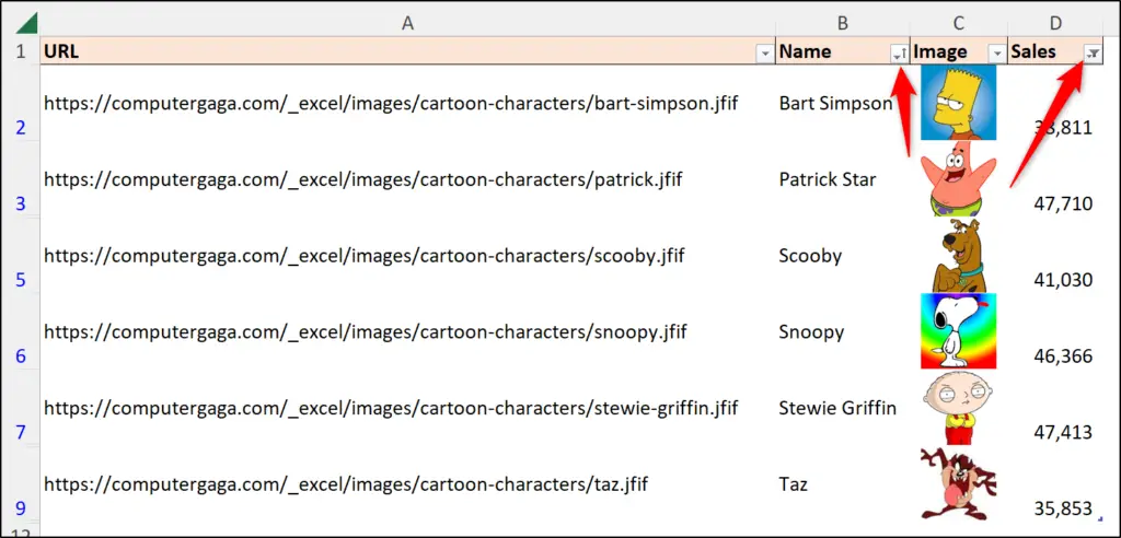 Sort and filter images in the table