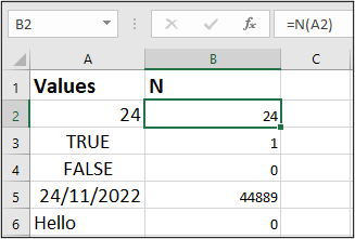 Simple example of the N function converting different data types