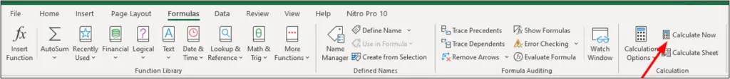 Calculate Now button on the Formulas tab