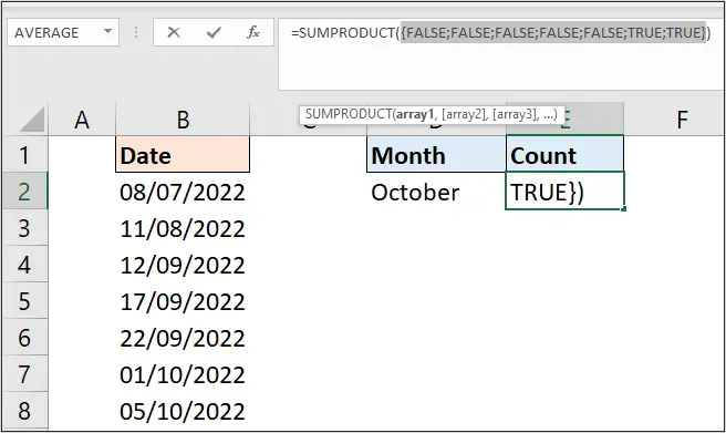SUMPRODUCT returning TRUE and FALSE values