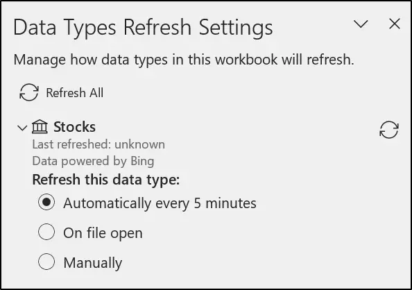 Data types refresh settings pane to manage when data types update