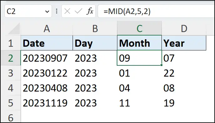 Use the Excel MID function to extract date elements