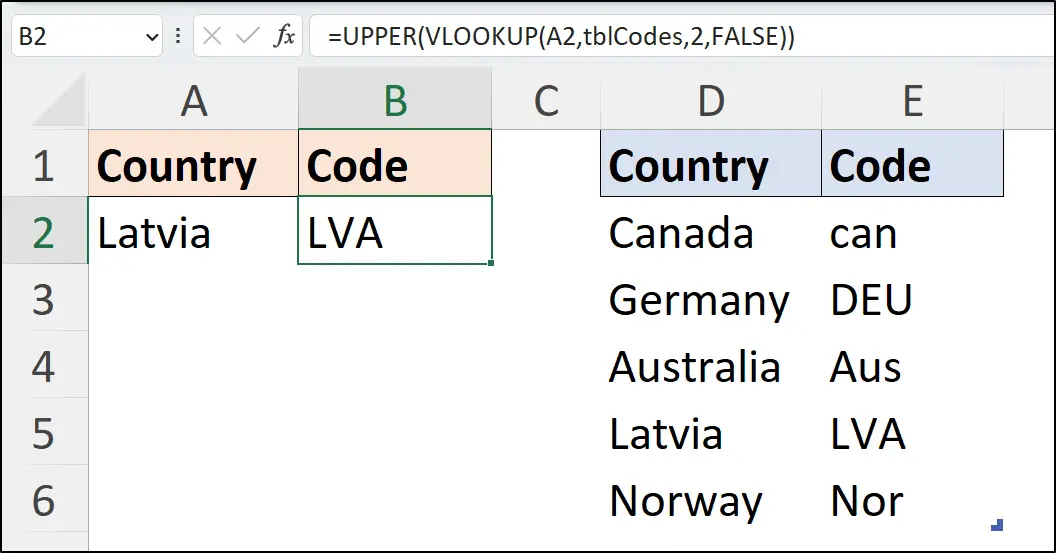 UPPER with the VLOOKUP function