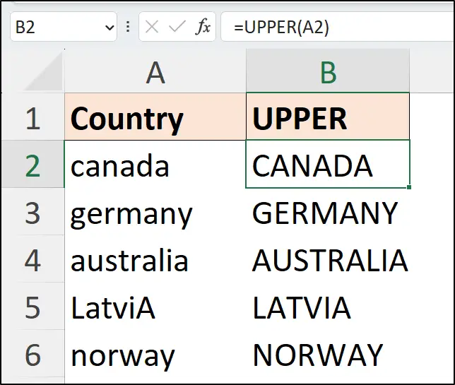 Convert text to upper case with UPPER in Excel