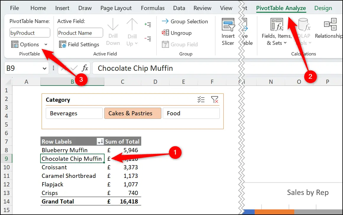 Opening the PivotTable Options window