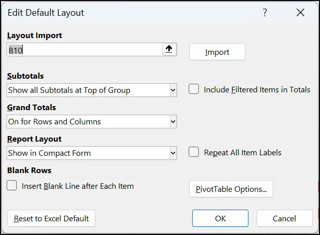 Editing the default layout of PivotTables in Excel