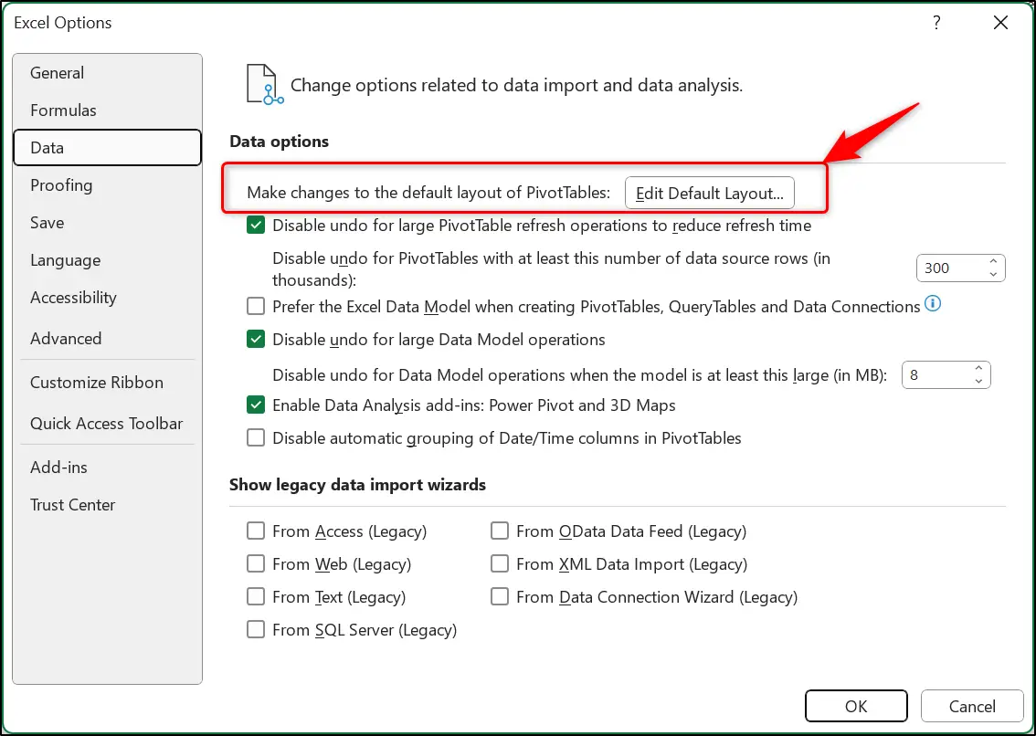 Accessing the default layout options for PivotTables via the Excel options window
