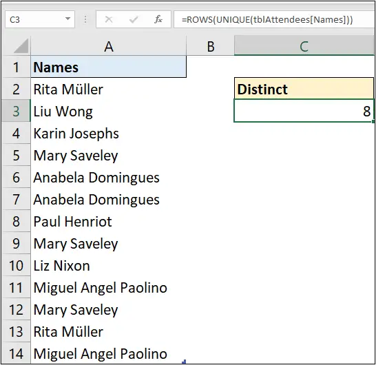 Count distinct values formula using UNIQUE and ROWS