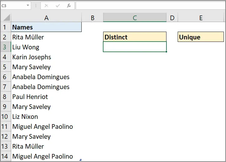 List of names in Excel