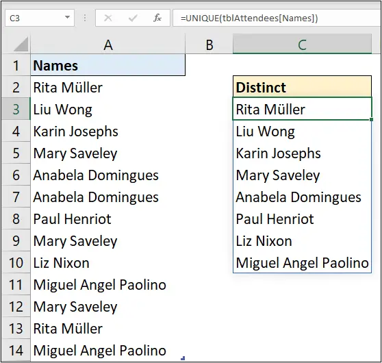 Distinct list with UNIQUE function in Excel