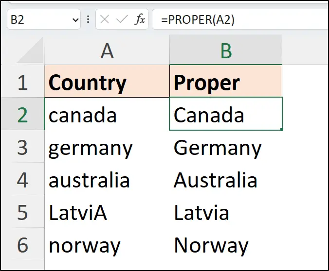Simple example of how to use the PROPER function in Excel