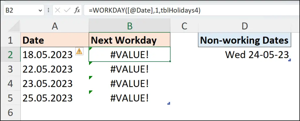 Dates not recognised as a date produces the #VALUE! error