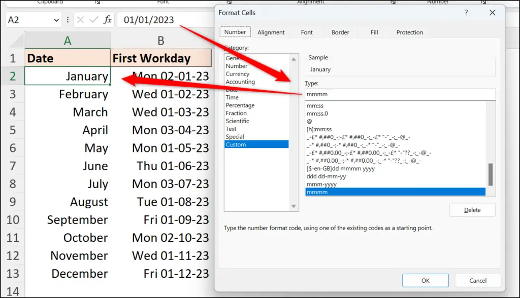 Format date cells to show the month name