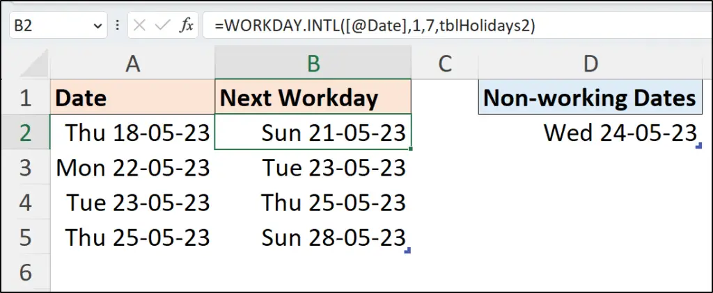 Calculate the next working day in Excel