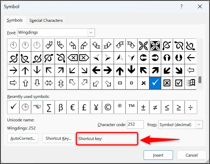 No keyboard shortcut assigned to the selected symbol