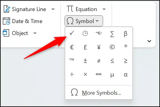 Tick symbol added to the recently used symbols list