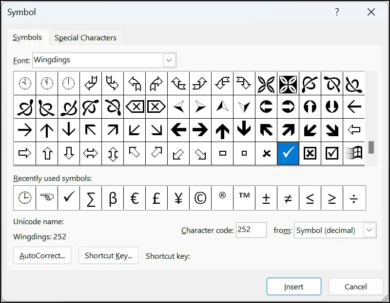 Tick mark in the Symbol dialog window