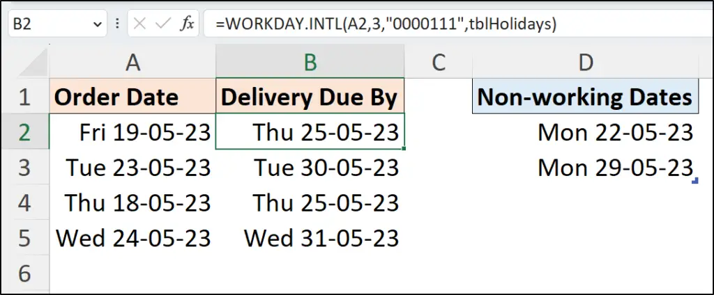 Using a text string to specify the working week with the WORKDAY.INTL function in Excel